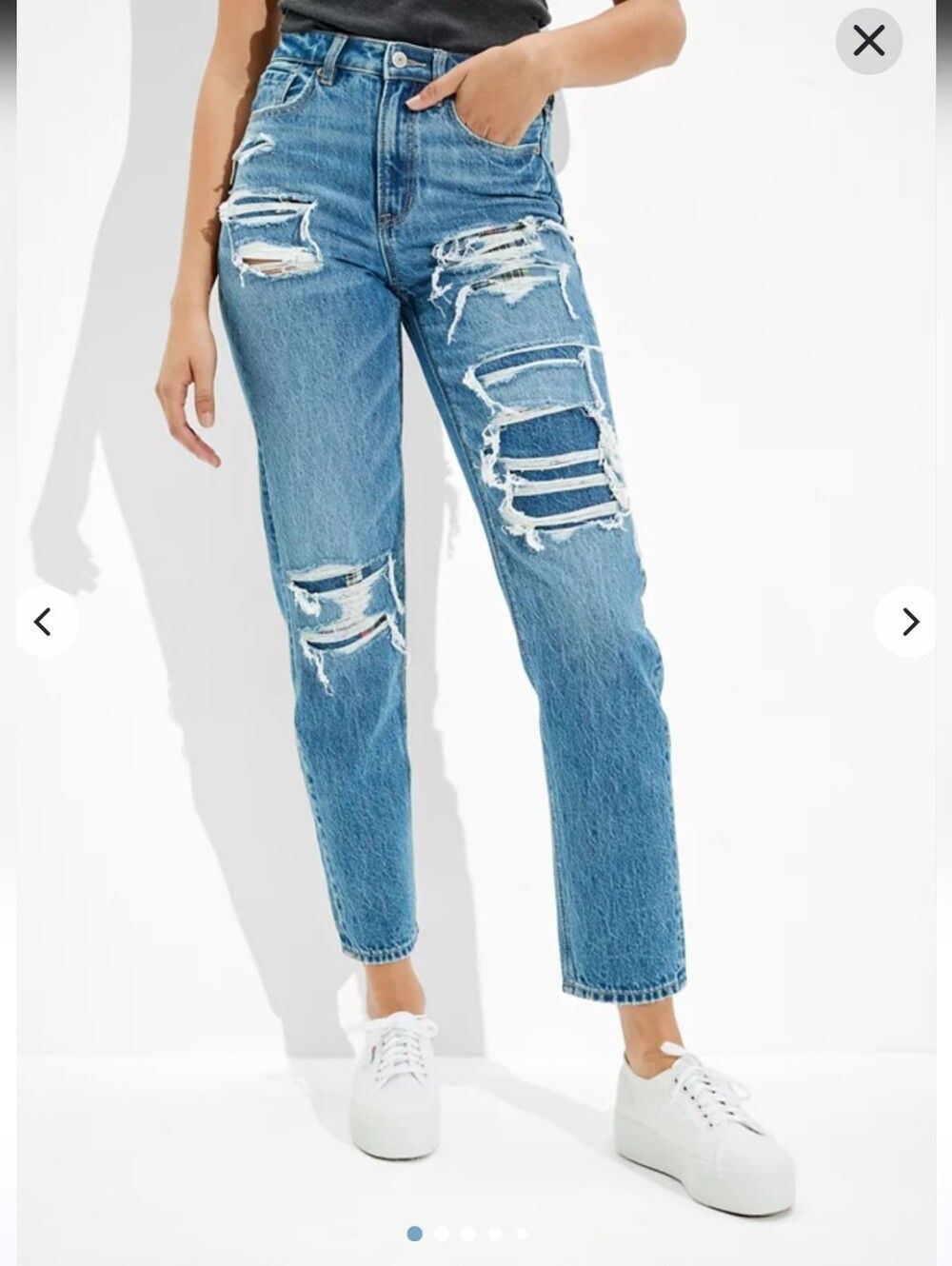 American Eagle Plaid  Patched Distressed Destroyed Mom Straight Jeans - Size 8